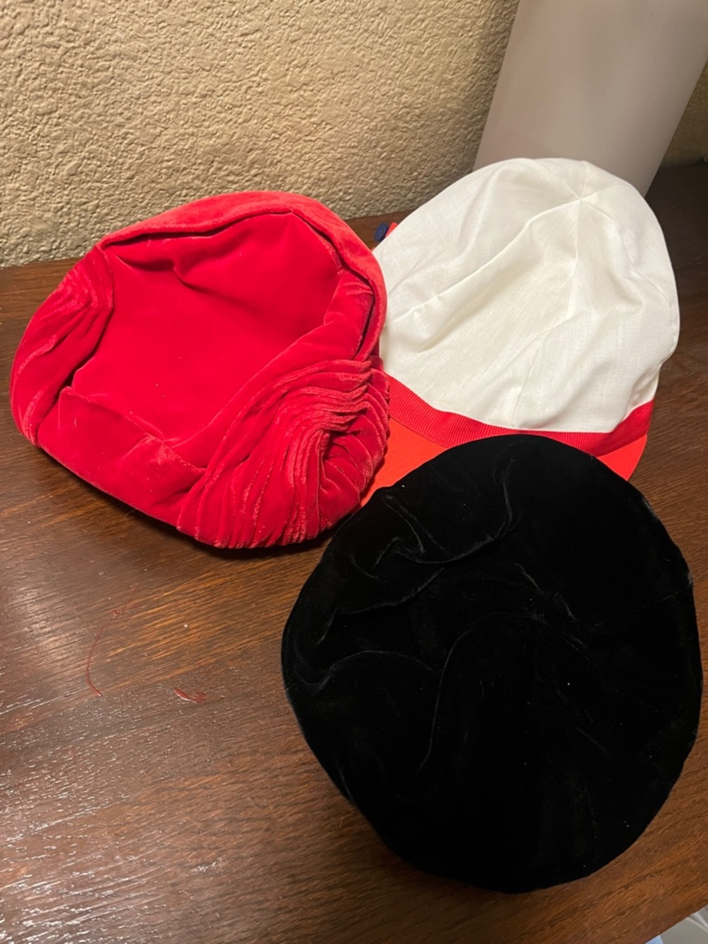 Vintage Velvet Beret Trio - Red, Black & White/Red